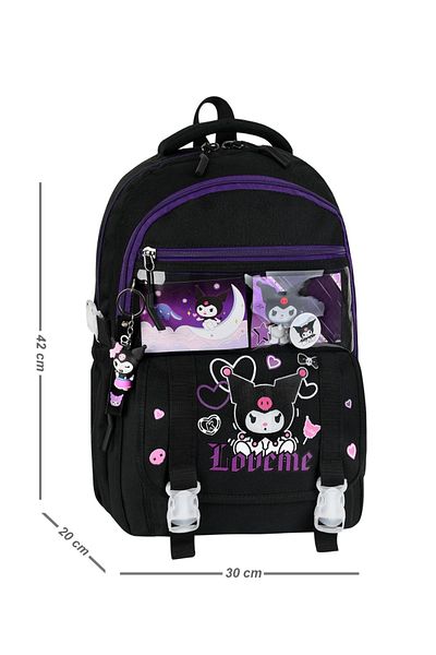 Alanç Gift Geantă de școală model coreeană cu accesorii Rucsac ortopedic negru pentru fete Suport pentru stilou pentru nutriție termică