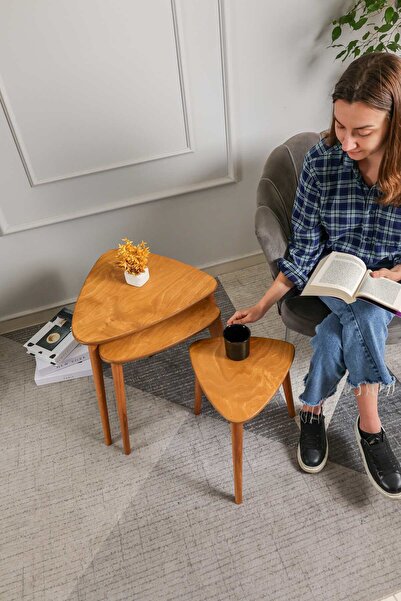 Trihome Masif Doğal Ahşap Zigon Sehpa 3'lü Set, Modern Masif Yan Sehpa Meşe