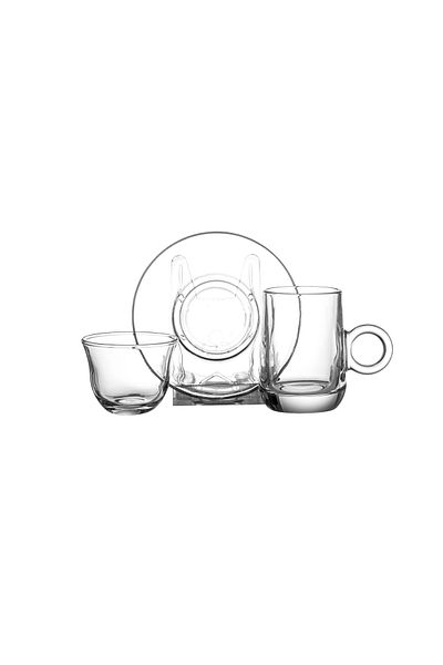 Dania 18-piece clear glass tea set consisting of 6 tea cups + 6 tea saucers + 6 Saudi coffee cups