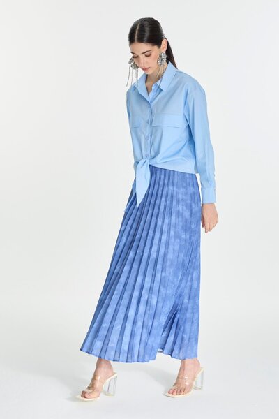 Zühre Indigo Skirt Patterned Pleated - Etk-0155
