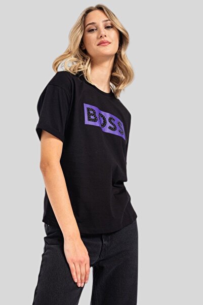 Hugo Boss Logolu Pamuklu Kadın T-shirt Siyah