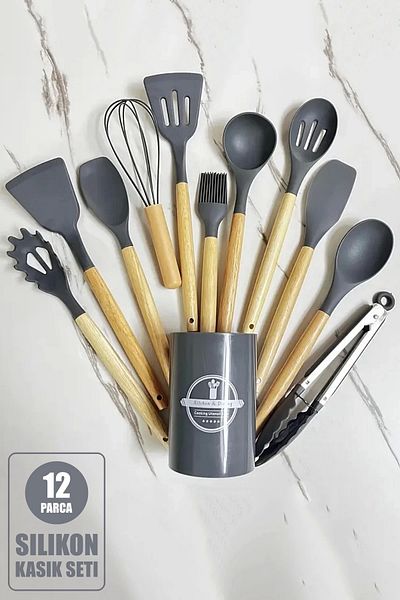 Tilbe Home 12Parça Silikon Kevgir Kepçe Çırpıcı Kaşık Spatula Maşa Servis Seti Bambu Saplı Gri Mutfak Takımı
