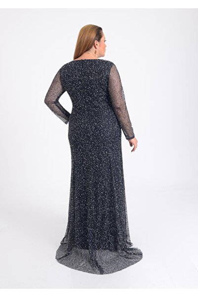 LİLAS XXL Black Glitter Printed Long Sleeve Plus Size Evening Dress