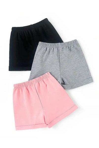 LOUİSA Pachet de 3 pantaloni scurți din bumbac pieptănat cu imprimeu pentru fete, negru-gri-roz