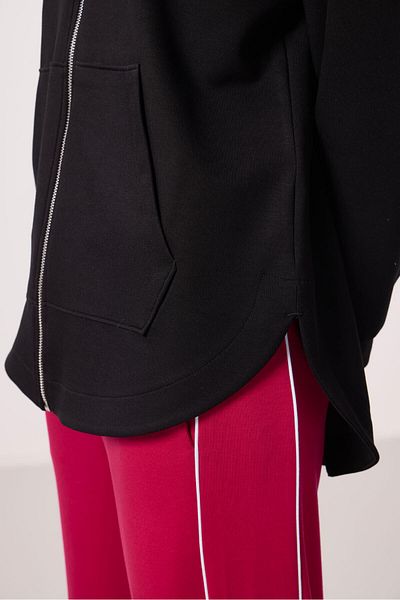 TOMMY LIFE Black Soft Textured Hooded Oversize Women's Tunic Sweatshirt - 97302