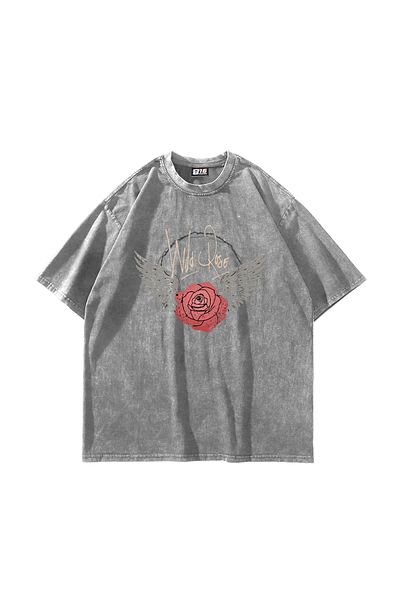 Sekizbiraltı Wildrose Printed Oversize Unisex Washed White Tshirt