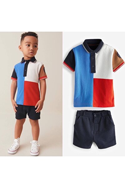 Linoş Kids Erkek Çocuk Polo Yaka Blok Desenli Pamuklu T-shirt Şort Alt-Üst Ta...