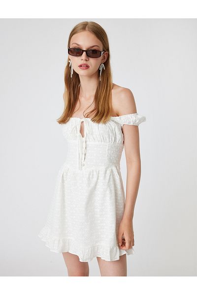 Koton Νέα σεζόν Mini Fishtail φόρεμα σε γραμμή Α με γιακά Madonna με κορδόνια με λεπτομέρεια με κουμπιά