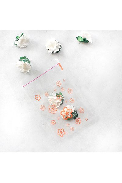 Bimotif Orange Flower Patterned Banded Transparent Bag 10X15 cm (100 Pcs)