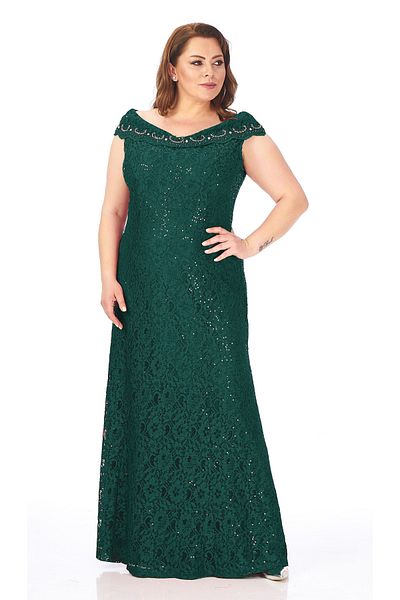 LİLAS XXL Large Size Green Colored Lace Large Size Evening Dress