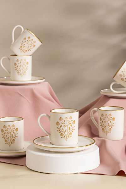 MEST 6 Kişilik 12 Parça Mantar Ağacı Model Yaldızlı Kahve Fincan Seti – Doğad...