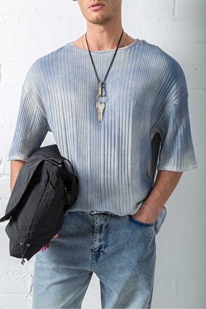 ablukaonline Ανδρικό μπλουζάκι με μοτίβο Super Oversize Πλεκτό Μπλε