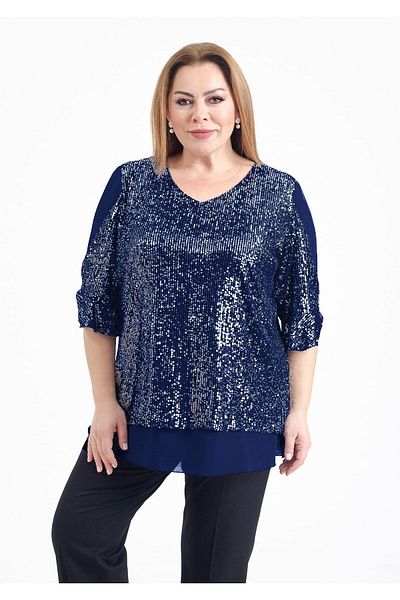 LİLAS XXL Plus Size Navy Blue Color Sequined Chiffon Blouse