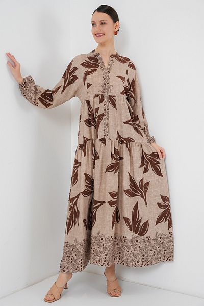 Bigdart 2423 فستان حجاب منقوش أصلي - F.Beige