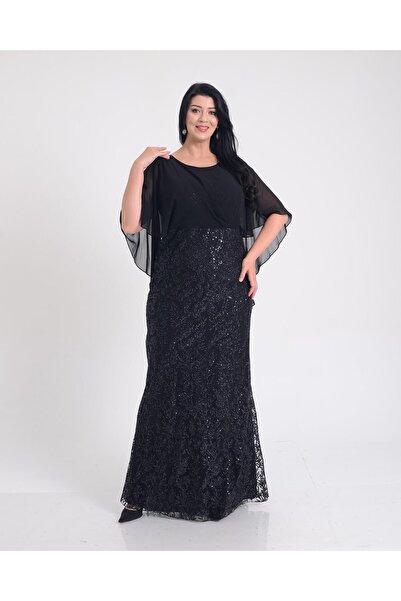 LİLAS XXL Büyük Beden Griter Baskı Detaylı Siyah Renkli Abiye Elbise