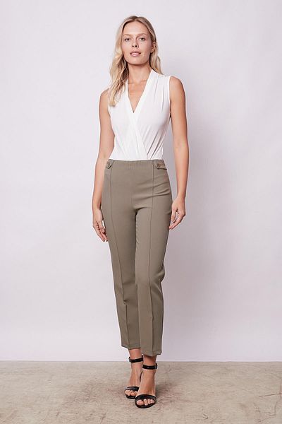 Jument Women's High Waist Stitched Front Epaulette Waist Buttoned Pipe Leg Lycra Fabric Trousers - Khaki