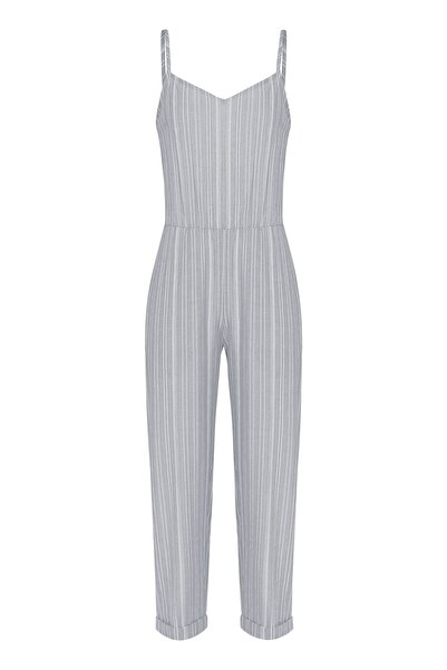 Eda Erdoğan Duble Paça Askılı Tulum (AÇIK GRİ BEYAZ ÇİZGİLİ)