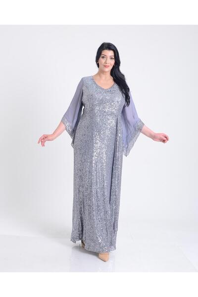 LİLAS XXL Plus Size Grey Color Sequined Sleeves Chiffon Long Evening Dress