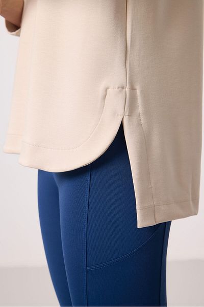 TOMMY LIFE Beige Soft Textured O Neck Comfortable Form Women's Tunic Sweatshirt - 97305