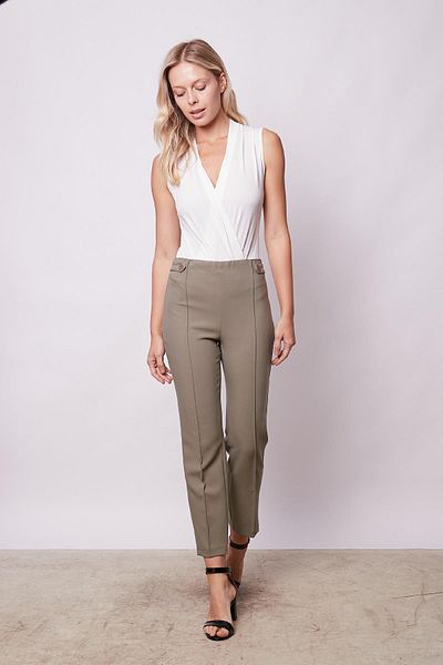 Jument Women's High Waist Stitched Front Epaulette Waist Buttoned Pipe Leg Lycra Fabric Trousers - Khaki