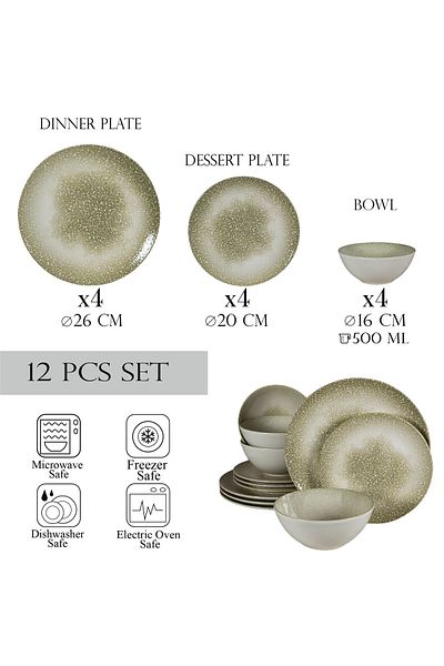 Cesiro 12-piece plate set, for 4 people, Silver, Cesiro, Glossy Ivoire White with Gray