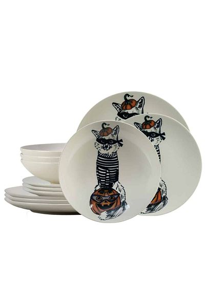 Cesiro 12-piece plate set, for 4 people, Robber Cat, Cesiro, Ivoire with Cat