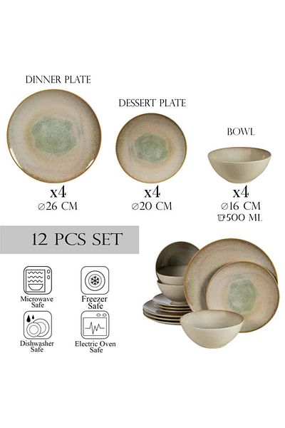 Cesiro 12-piece plate set, for 4 people, Shell, Cesiro, Glossy light cream with brown rim