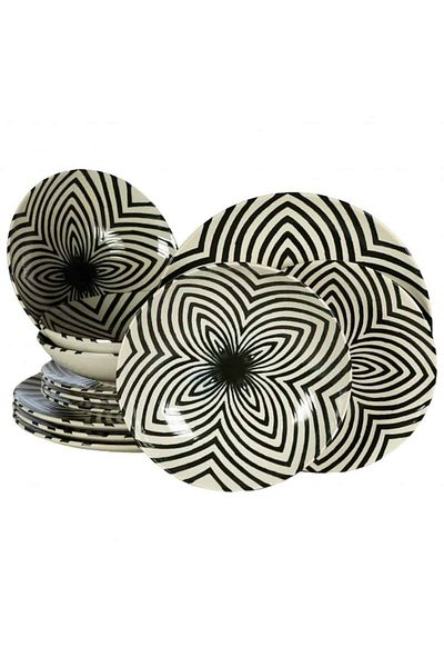 Cesiro 12-piece plate set, for 4 people, Hawaii, Cesiro, Ivory White decorated with black leaves