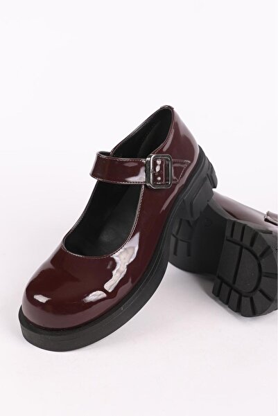 Hayati Arman Women's Single Banded Thick Bottomed Babet Burgundy Patent Leather