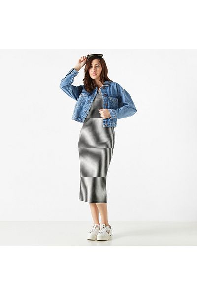 FAV Striped Sleeveless Sheath Dress with Slit