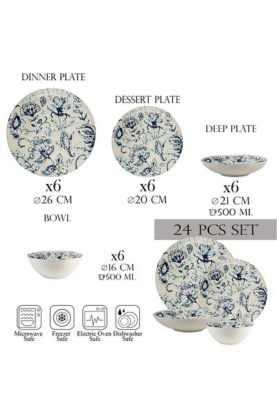 Cesiro 24-piece plate set, 6 people - Ensemble Gloria Azzurra - Italian Porcelain Dinnerware Set