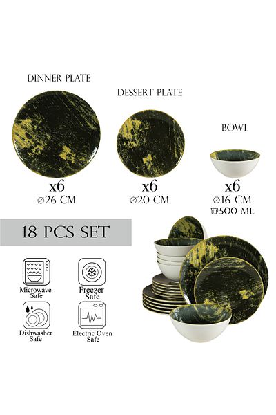 Cesiro 18-piece plate set, for 6 people, Forest, Cesiro, Glossy Ivoire White with Green