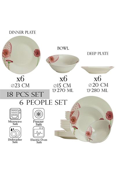 Cesiro 18-piece plate set, for 6 people, Cesiro, Ivoire with daisy