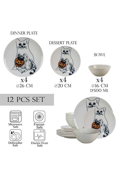 Cesiro 12-piece plate set, for 4 people, Pumpkin Cat, Cesiro, Ivory White with Cat