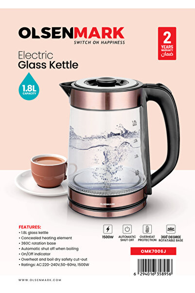 Olsenmark 1.8l Electric Glass Kettle, 1500w | Water Level Indicator, Auto Cut-off