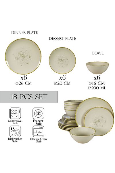 Cesiro 18-piece plate set, for 6 people, Ivory Stone, Cesiro, Glossy Ivoire White with gold rim