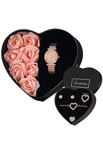 Forentina Rose Güllü Kutuda Rose Metal Kol Saati-Rose Kalpli Kolye Küpe Bilek...