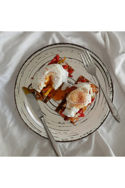 Cesiro Set of 4 wide plates, 26 cm, Stone, Cesiro, Made in Romania, Ivoire white with brown lines