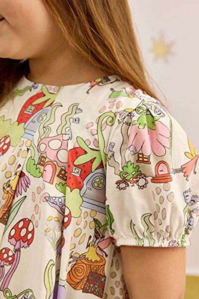 Fahhar Kids Bomb Elbise Mantar Desenli Ekru