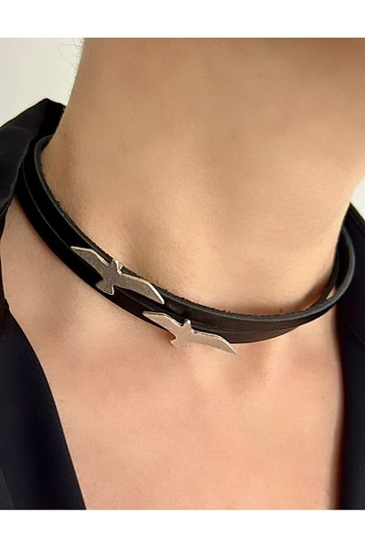 Kutcha Accessories Leather Choker Necklace with Bird Wing Detail