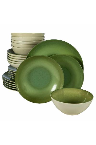 Cesiro 24-piece plate set, for 6 people, Kiwi, Cesiro, Ivory White with Green