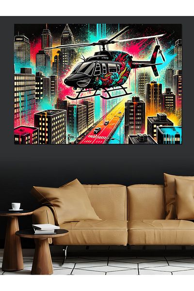 Tablomega Elicopter în orașul neon Pânză decorativă - Lemn MDF