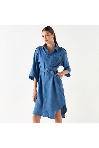 FAV Lace Detail Shirt Dress with Buckled Belt and Pockets