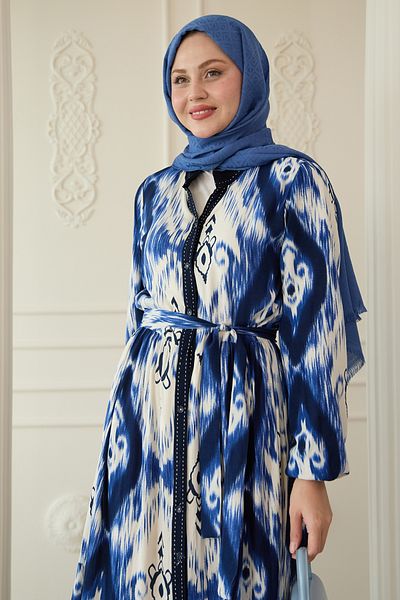 InStyle Rochie din viscoză albastră Saks cu model etnic cu puncte în față
