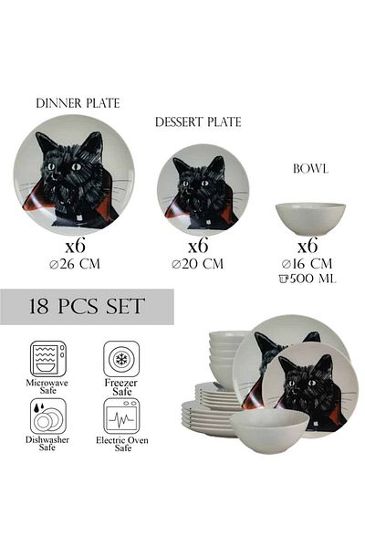 Cesiro 18-piece plate set, for 6 people, Dracula Cat, Cesiro, Ivory White with Cat