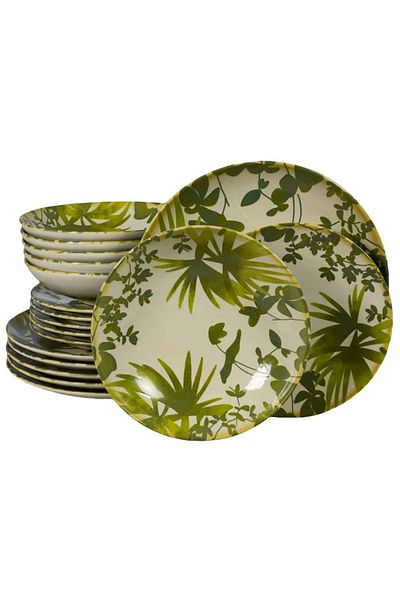 Cesiro 18-piece plate set, for 6 people, Hawaii, Cesiro, Ivory White with green leaves