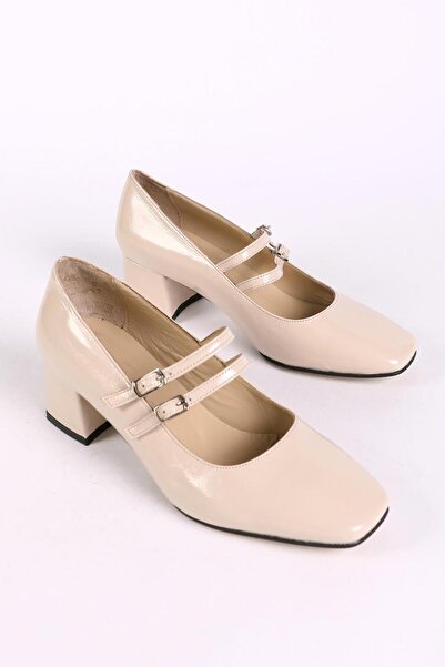 Hayati Arman Women's Genuine Leather Upper Strappy Heeled Shoes Bone Patent Leather