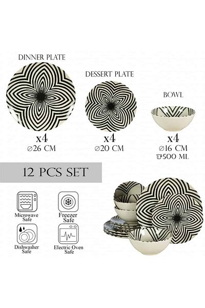 Cesiro 12-piece plate set, for 4 people, Hypnosis, Cesiro, Ivory white decorated with black lines