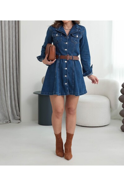 Telablanka Kemerli Mini Kot Elbise_MAVİ