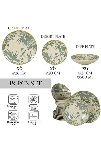 Cesiro 12-piece plate set, for 4 people, Hawaii, Cesiro, Ivory white with gray leaves